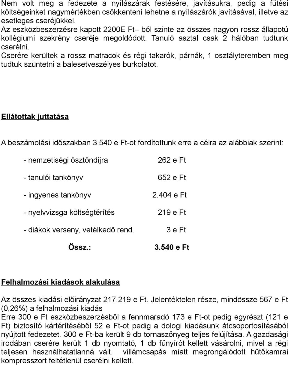 Cserére kerültek a rossz matracok és régi takarók, párnák, 1 osztályteremben meg tudtuk szüntetni a balesetveszélyes burkolatot. Ellátottak juttatása A beszámolási időszakban 3.