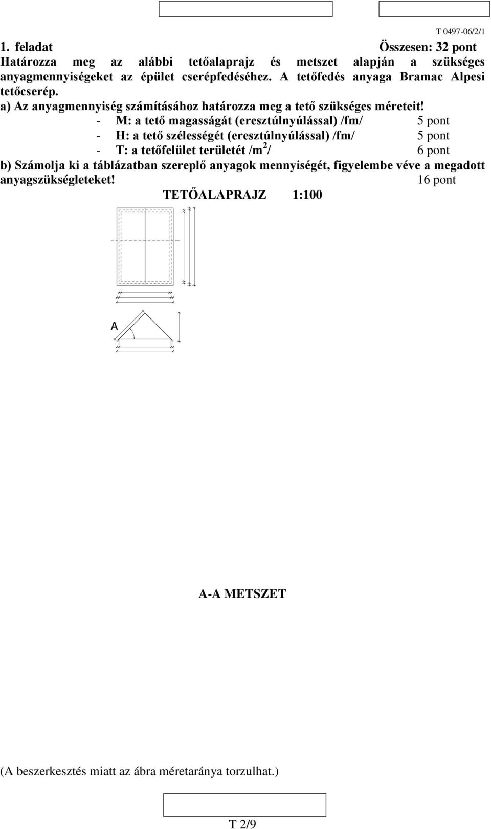 - M: a tető magasságát (eresztúlnyúlással) /fm/ 5 pont - H: a tető szélességét (eresztúlnyúlással) /fm/ 5 pont - T: a tetőfelület területét /m 2 / 6 pont