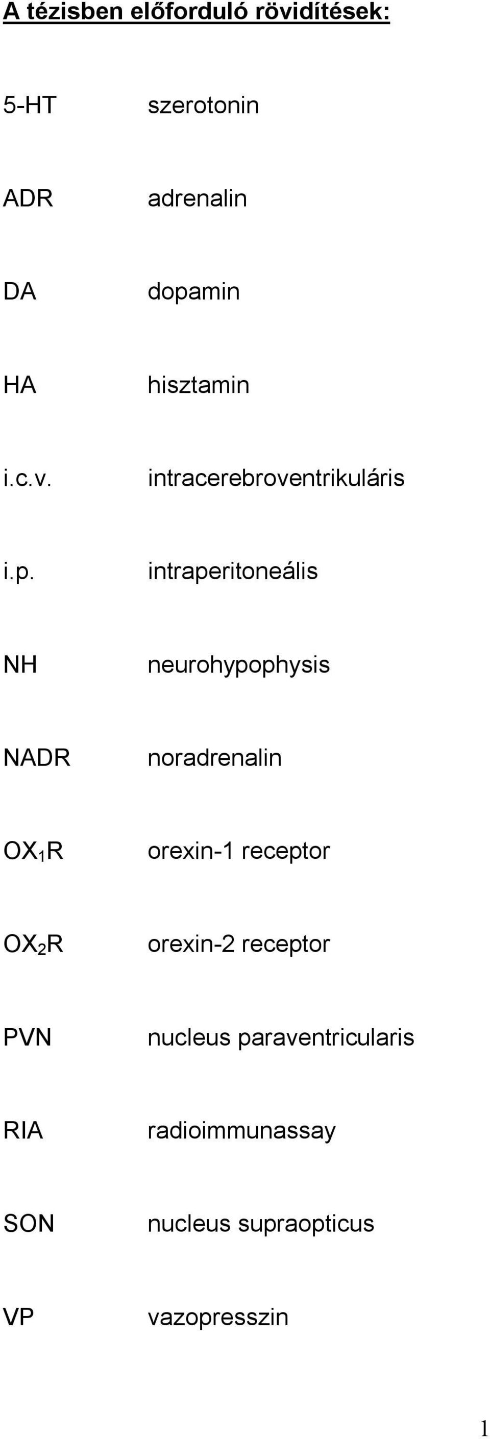 intraperitoneális NH neurohypophysis NADR noradrenalin OX 1 R orexin-1 receptor