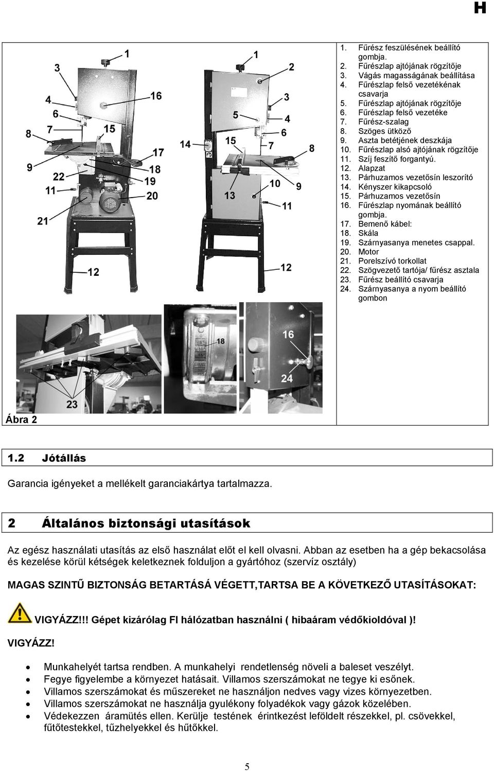 Párhuzamos vezetősín leszorító 14. Kényszer kikapcsoló 15. Párhuzamos vezetősín 16. Fűrészlap nyomának beállító gombja. 17. Bemenő kábel: 18. Skála 19. Szárnyasanya menetes csappal. 20. Motor 21.