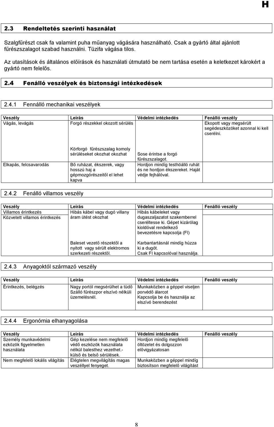 Fenálló veszélyek és biztonsági intézkedések 2.4.