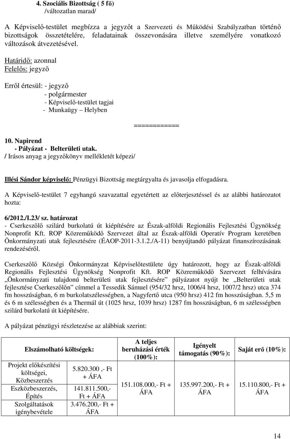 Napirend - Pályázat - Belterületi utak. / Irásos anyag a jegyzőkönyv mellékletét képezi/ ============ Illési Sándor képviselő: Pénzügyi Bizottság megtárgyalta és javasolja elfogadásra.