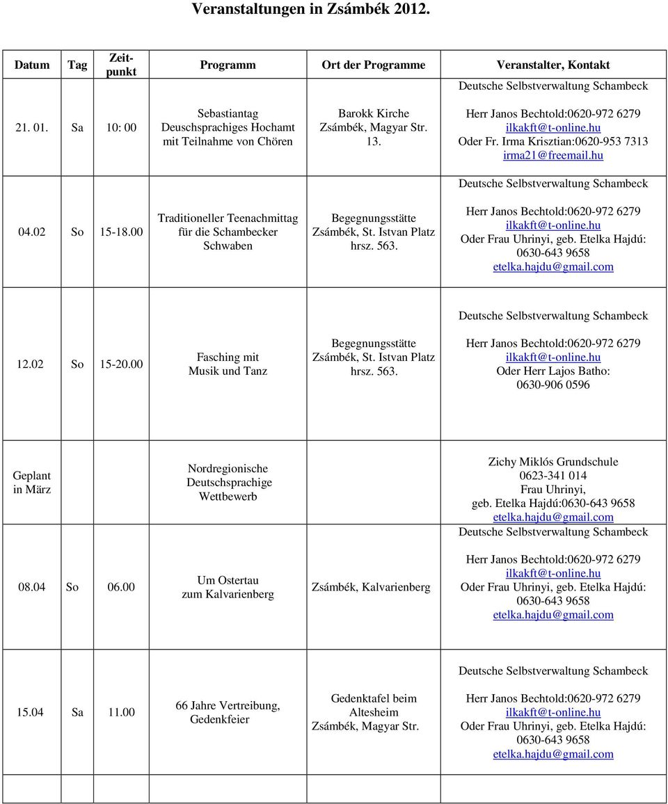 00 Traditioneller Teenachmittag für die Schambecker Schwaben Begegnungsstätte Zsámbék, St. Istvan Platz hrsz. 563. Oder Frau Uhrinyi, geb. Etelka Hajdú: 0630-643 9658 etelka.hajdu@gmail.com 12.