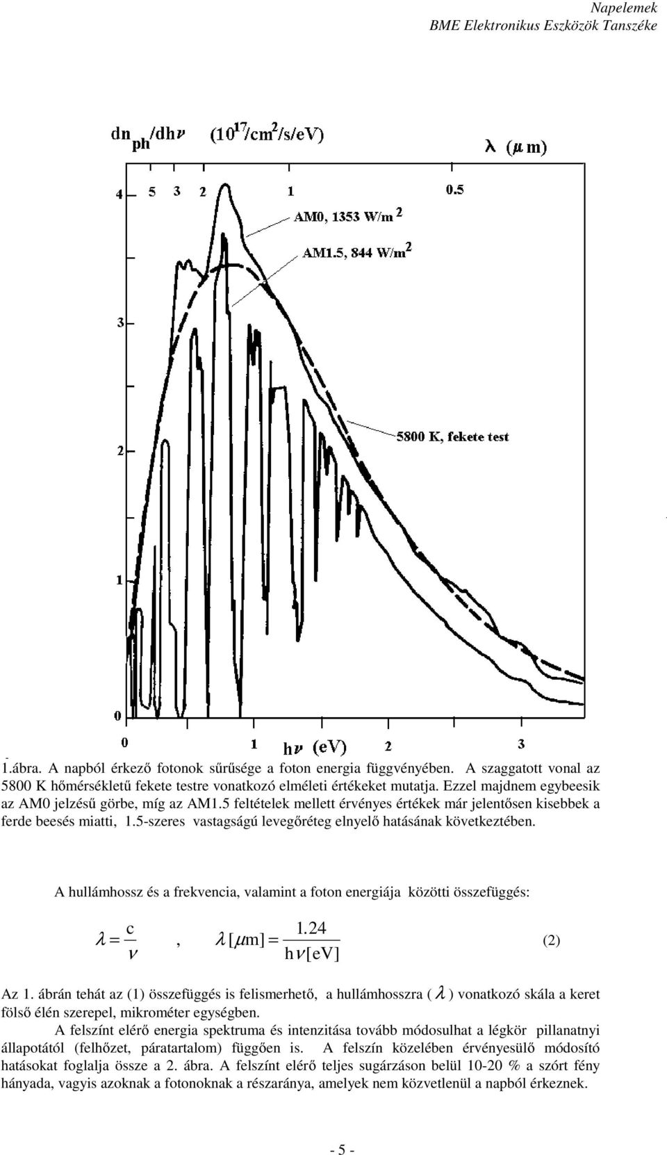 5-szeres vastagságú levegőréteg elnyelő hatásának következtében. A hullámhossz és a frekvencia, valamint a foton energiája közötti összefüggés: c λ =, λ [ µ m] = ν 1. 24 h ν [ev] (2) Az 1.