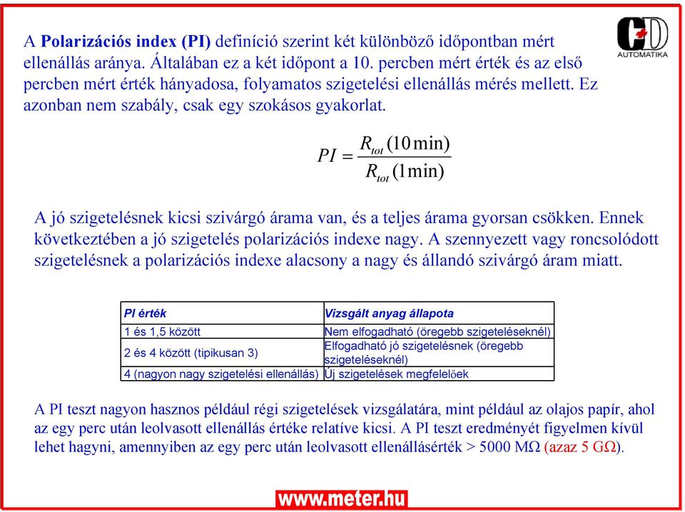 PI = R R tot tot (10 min) (1min) A jó szigetelésnek kicsi szivárgó árama van, és a teljes árama gyorsan csökken. Ennek következtében a jó szigetelés polarizációs indexe nagy.