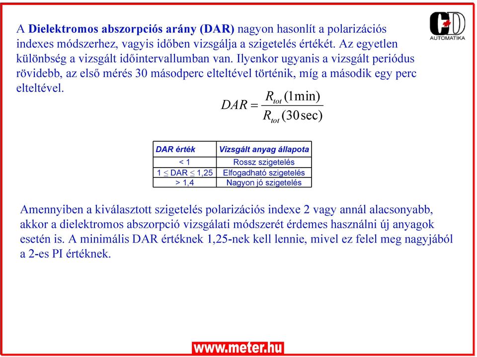 Rtot (1min) DAR = R (30sec) tot DAR érték Vizsgált anyag állapota < 1 Rossz szigetelés 1 DAR 1,25 Elfogadható szigetelés > 1,4 Nagyon jó szigetelés Amennyiben a kiválasztott szigetelés