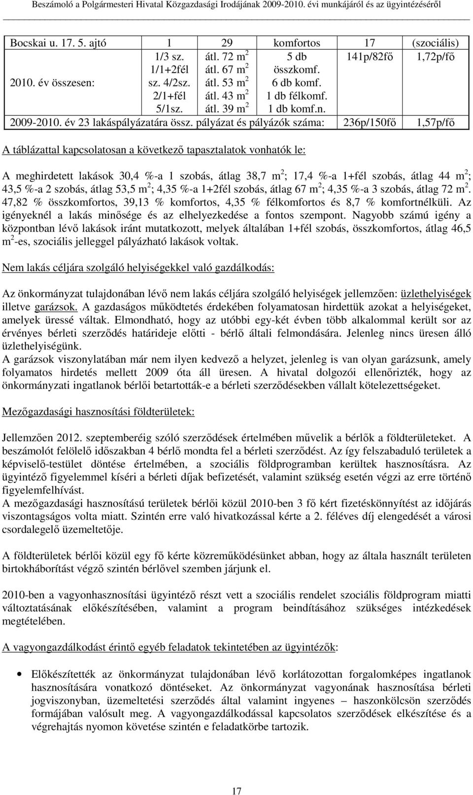 pályázat és pályázók száma: 236p/150fı 1,57p/fı A táblázattal kapcsolatosan a következı tapasztalatok vonhatók le: A meghirdetett lakások 30,4 %-a 1 szobás, átlag 38,7 m 2 ; 17,4 %-a 1+fél szobás,