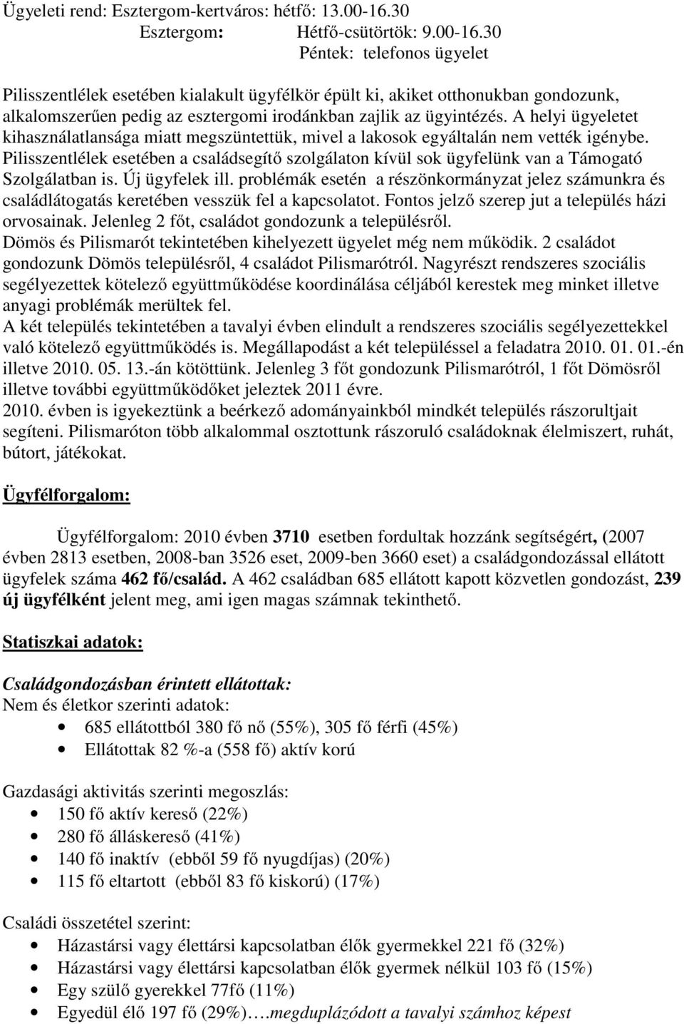 30 Péntek: telefonos ügyelet Pilisszentlélek esetében kialakult ügyfélkör épült ki, akiket otthonukban gondozunk, alkalomszerűen pedig az esztergomi irodánkban zajlik az ügyintézés.