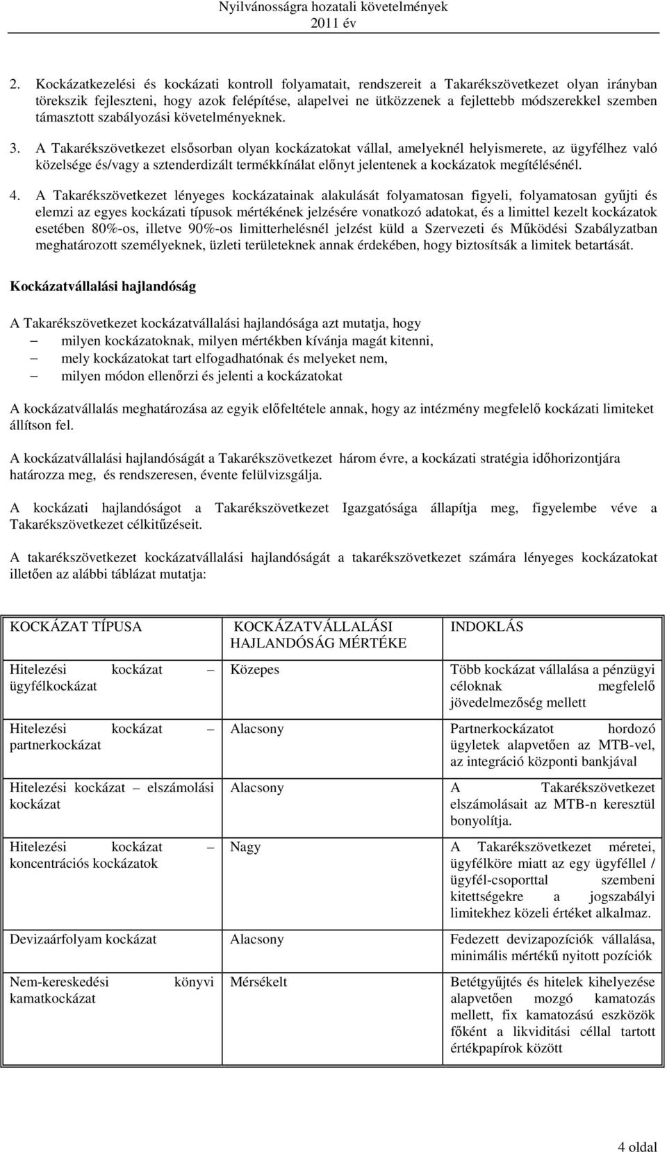 A Takarékszövetkezet elsősorban olyan kockázatokat vállal, amelyeknél helyismerete, az ügyfélhez való közelsége és/vagy a sztenderdizált termékkínálat előnyt jelentenek a kockázatok megítélésénél. 4.