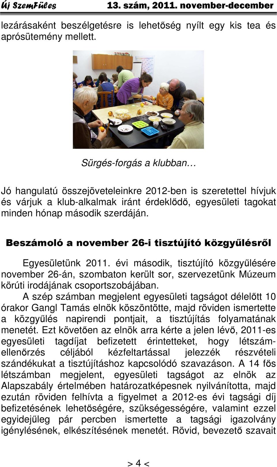 Beszámoló a november 26-i tisztújító közgyűlésről Egyesületünk 2011. évi második, tisztújító közgyűlésére november 26-án, szombaton került sor, szervezetünk Múzeum körúti irodájának csoportszobájában.