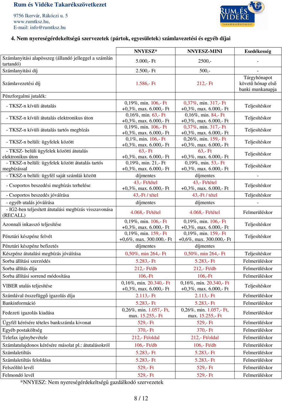 317, Ft TKSZn kívüli átutalás elektronikus úton 0,16%, min. 63, Ft 0,16%, min. 84, Ft TKSZn kívüli átutalás tartós megbízás 0,19%, min. 106, Ft 0,37%, min.