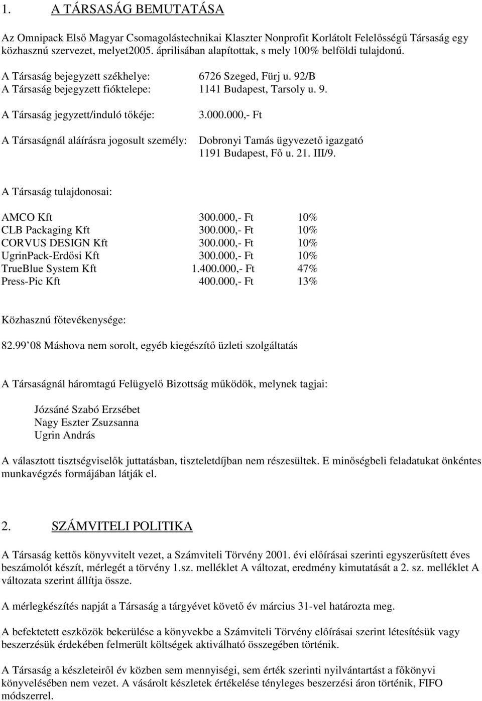 000.000,- Ft Dobronyi Tamás ügyvezető igazgató 1191 Budapest, Fő u. 21. III/9. A Társaság tulajdonosai: AMCO Kft 300.000,- Ft 10% CLB Packaging Kft 300.000,- Ft 10% CORVUS DESIGN Kft 300.