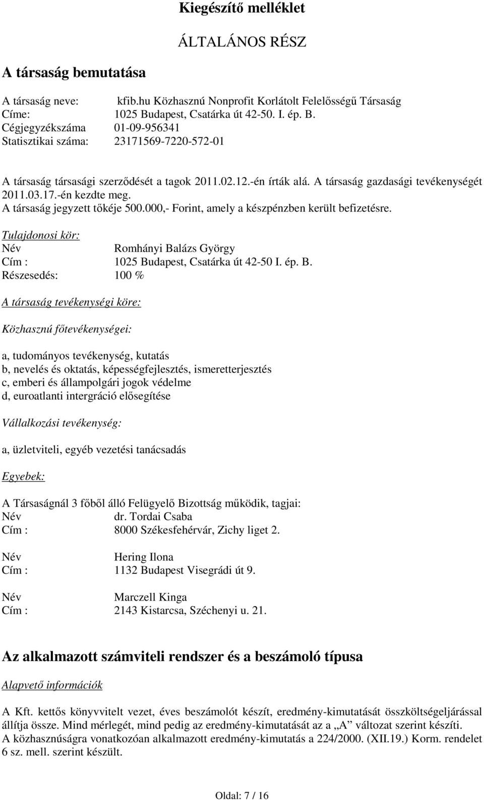 A társaság gazdasági tevékenységét 2011.03.17.-én kezdte meg. A társaság jegyzett tőkéje 500.000,- Forint, amely a készpénzben került befizetésre.