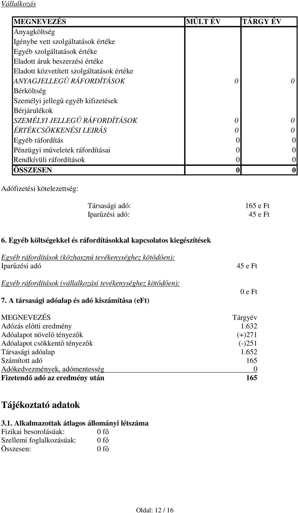 ráfordításai 0 0 Rendkívüli ráfordítások 0 0 ÖSSZESEN 0 0 Adófizetési kötelezettség: Társasági adó: Iparűzési adó: 165 e Ft 45 e Ft 6.