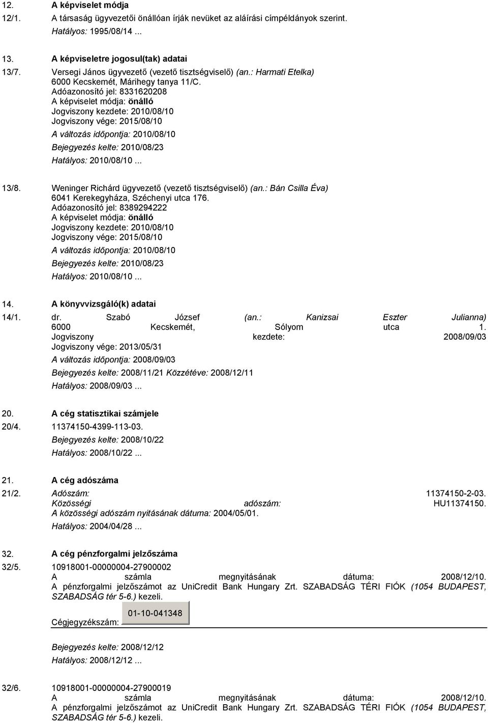 Adóazonosító jel: 8331620208 A képviselet módja: önálló Jogviszony kezdete: 2010/08/10 Jogviszony vége: 2015/08/10 13/8. Weninger Richárd ügyvezető (vezető tisztségviselő) (an.