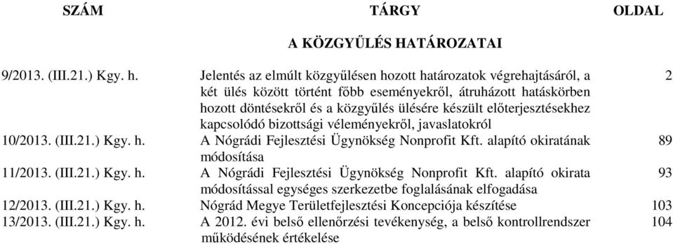 előterjesztésekhez kapcsolódó bizottsági véleményekről, javaslatokról 10/2013. (III.21.) Kgy. h. A Nógrádi Fejlesztési Ügynökség Nonprofit Kft.