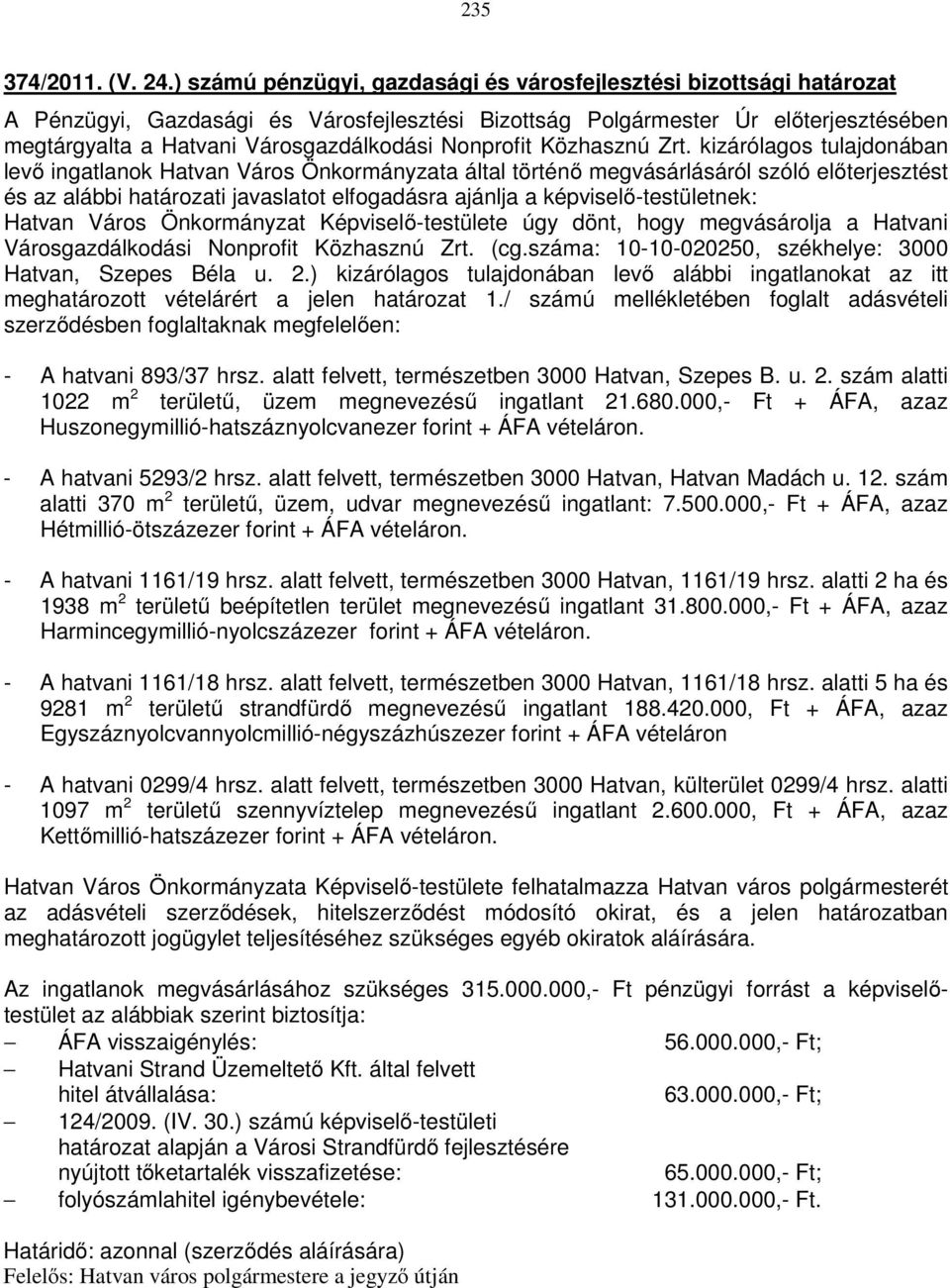 Hatvan Város Önkormányzat Képviselő-testülete úgy dönt, hogy megvásárolja a Hatvani Városgazdálkodási Nonprofit Közhasznú Zrt. (cg.száma: 10-10-020250, székhelye: 3000 Hatvan, Szepes Béla u. 2.