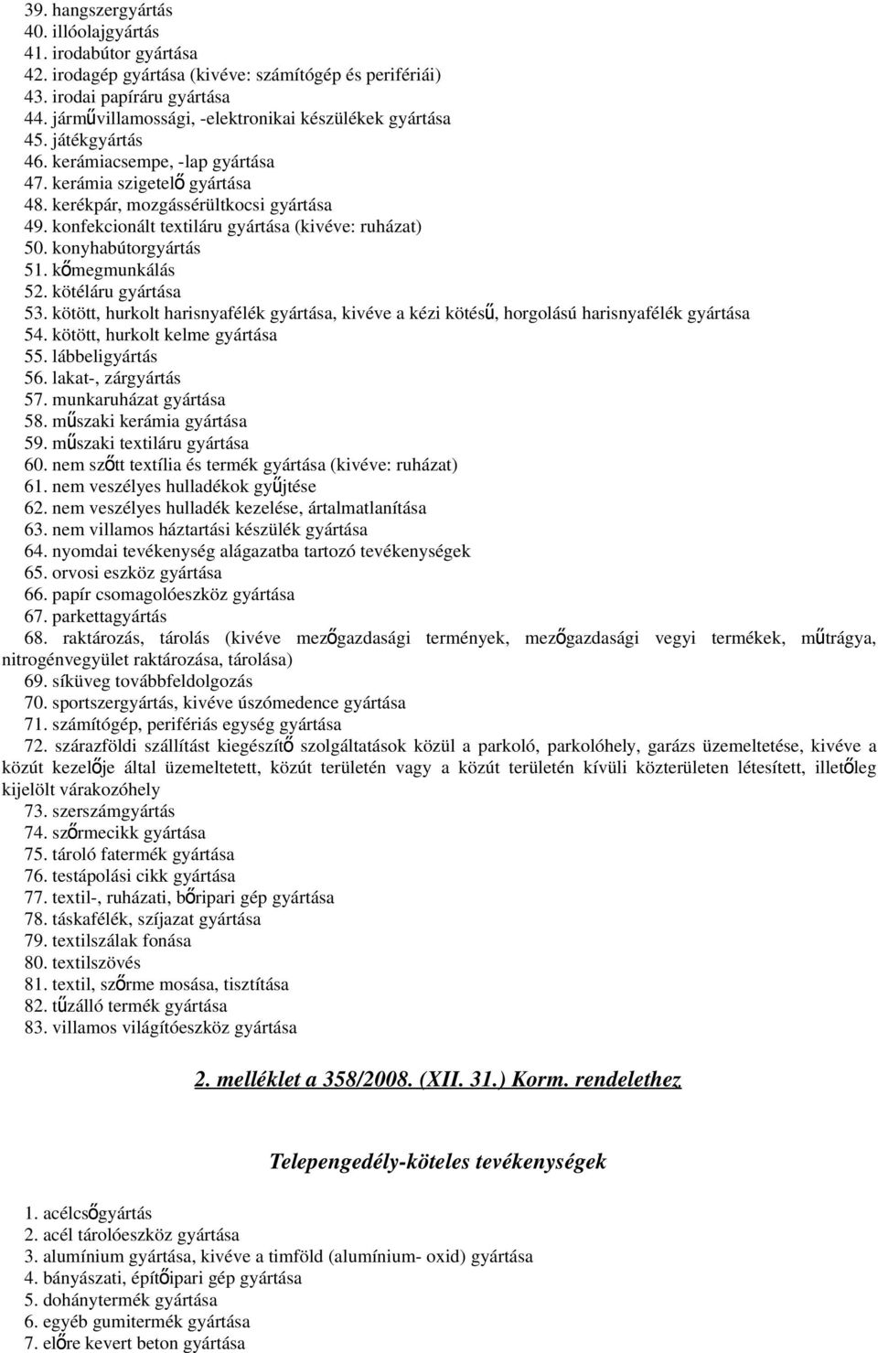 konfekcionált textiláru gyártása (kivéve: ruházat) 50. konyhabútorgyártás 51. kőmegmunkálás 52. kötéláru gyártása 53.