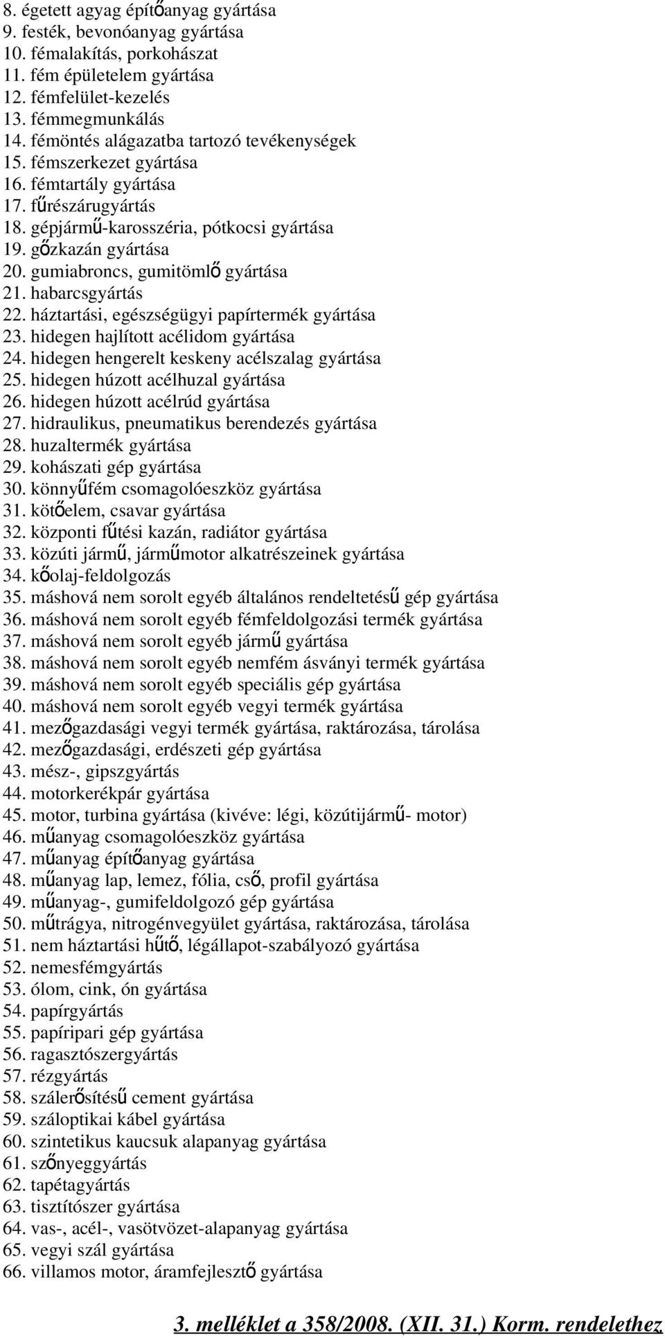 gumiabroncs, gumitöml ő gyártása 21. habarcsgyártás 22. háztartási, egészségügyi papírtermék gyártása 23. hidegen hajlított acélidom gyártása 24. hidegen hengerelt keskeny acélszalag gyártása 25.