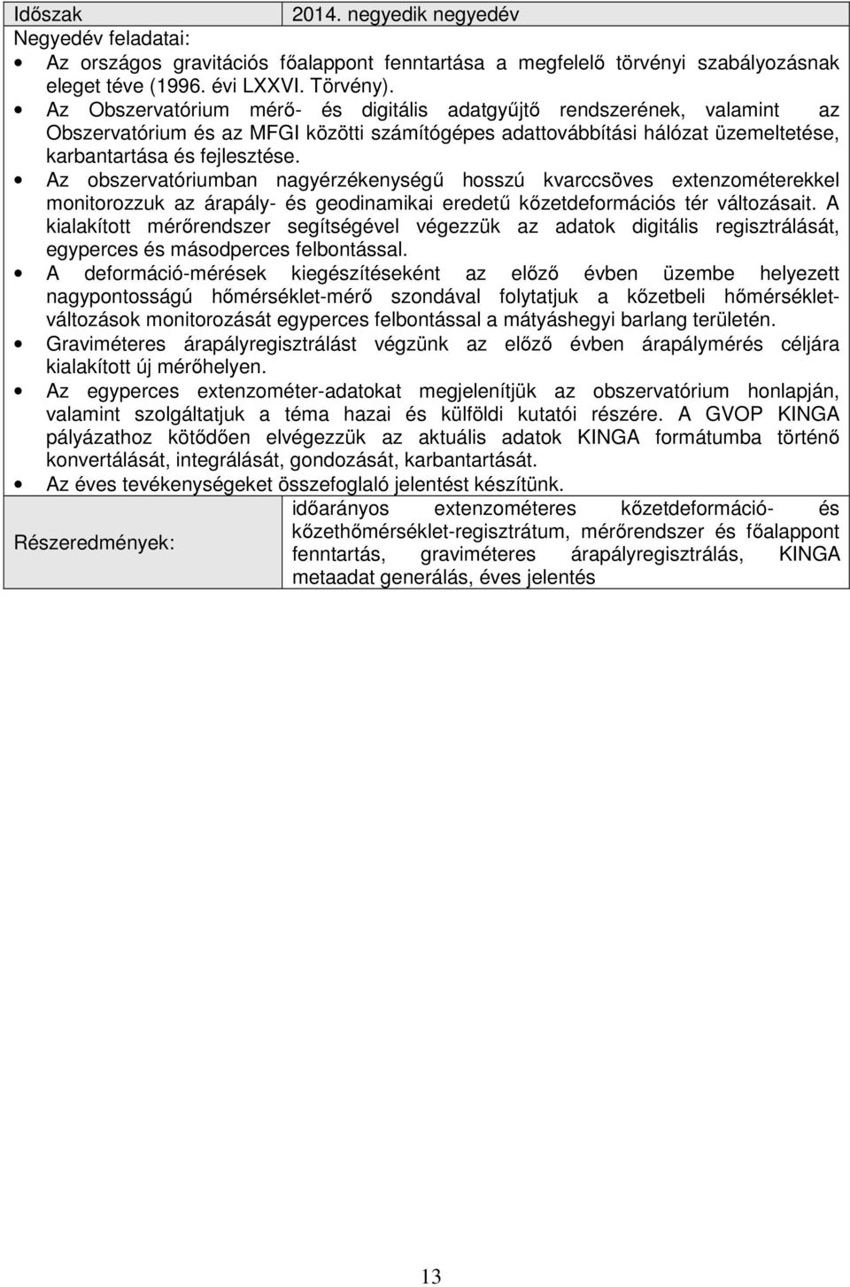 Az obszervatóriumban nagyérzékenységű hosszú kvarccsöves extenzométerekkel monitorozzuk az árapály- és geodinamikai eredetű kőzetdeformációs tér változásait.