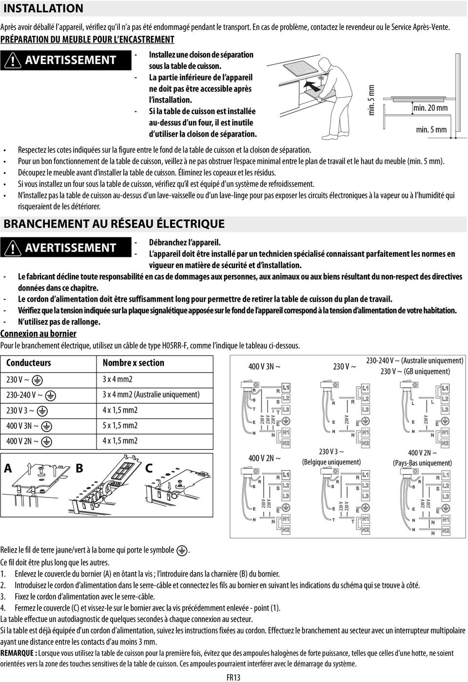 est installйe min 20 mm au-dessus d un four, il est inutile d utiliser la cloison de sйparation min 5 mm Respectez les cotes indiquйes sur la figure entre le fond de la table de cuisson et la cloison