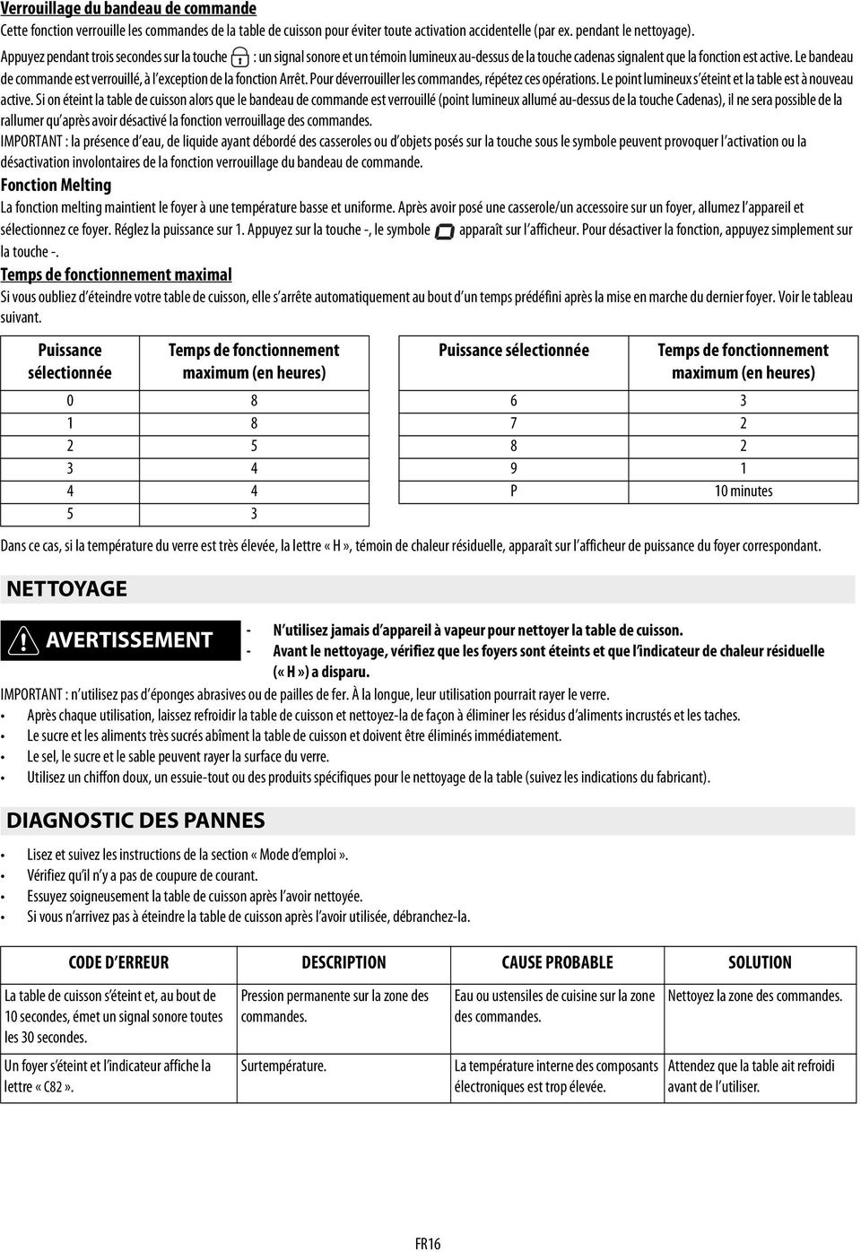 Arrt Pour dйverrouiller les commandes, rйpйtez ces opйrations Le point lumineux s йteint et la table est nouveau active Si on йteint la table de cuisson alors que le bandeau de commande est