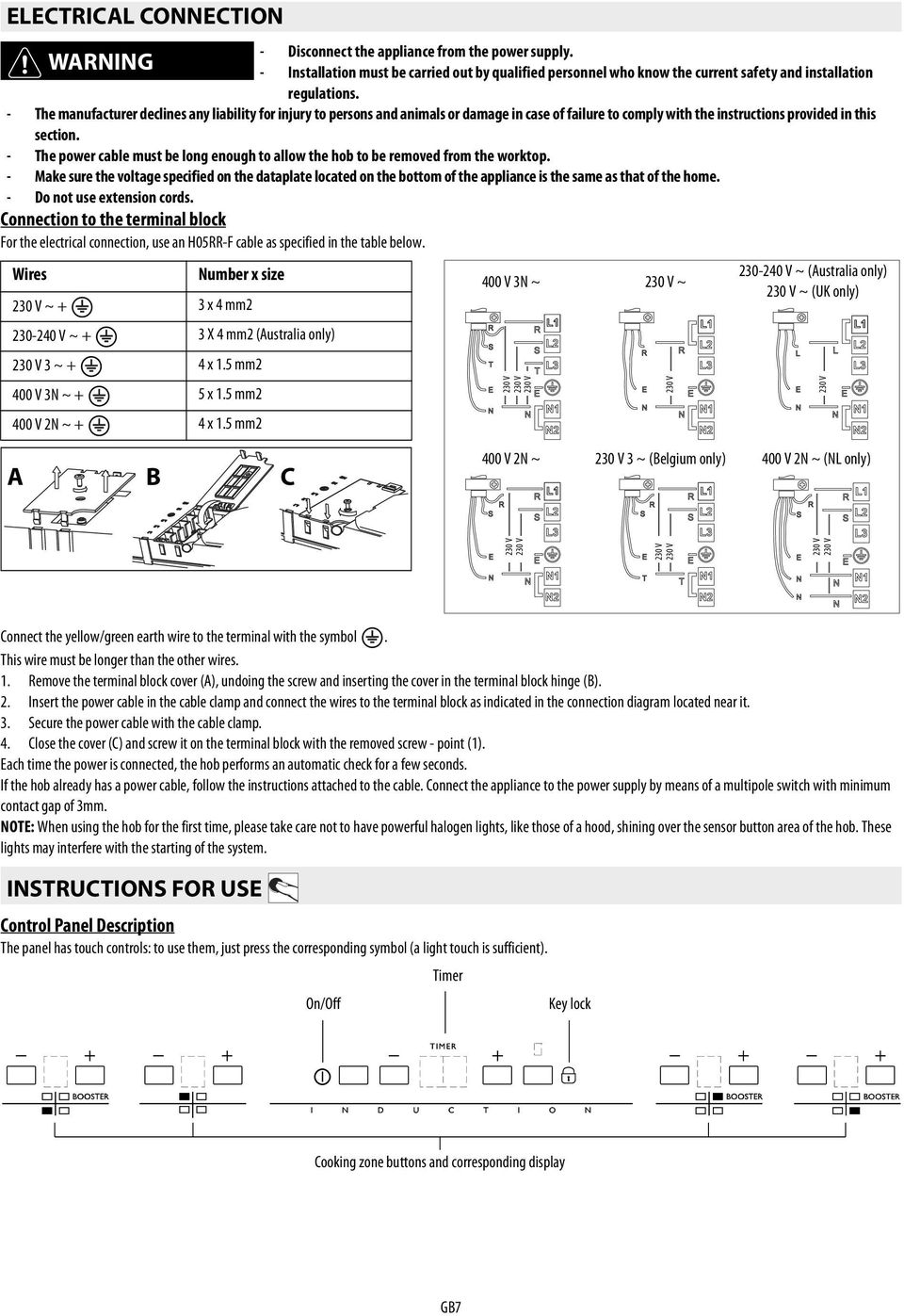 allow the hob to be removed from the worktop - Make sure the voltage specified on the dataplate located on the bottom of the appliance is the same as that of the home - Do not use extension cords