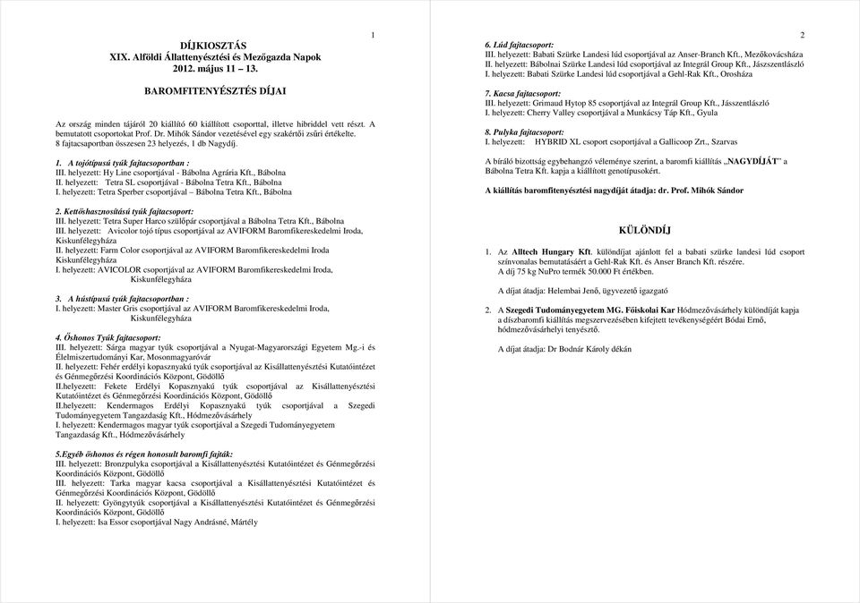 helyezett: Hy Line csoportjával - Bábolna Agrária Kft., Bábolna II. helyezett: Tetra SL csoportjával - Bábolna Tetra Kft., Bábolna I. helyezett: Tetra Sperber csoportjával Bábolna Tetra Kft.