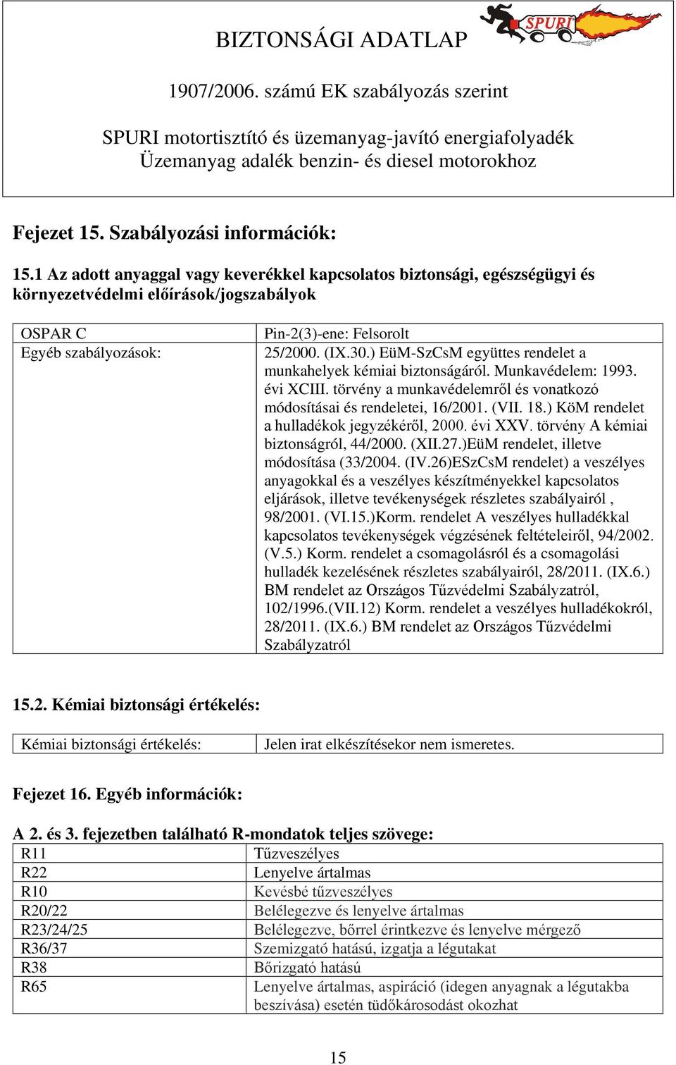 ) EüM-SzCsM együttes rendelet a munkahelyek kémiai biztonságáról. Munkavédelem: 1993. évi XCIII. törvény a munkavédelemről és vonatkozó módosításai és rendeletei, 16/2001. (VII. 18.