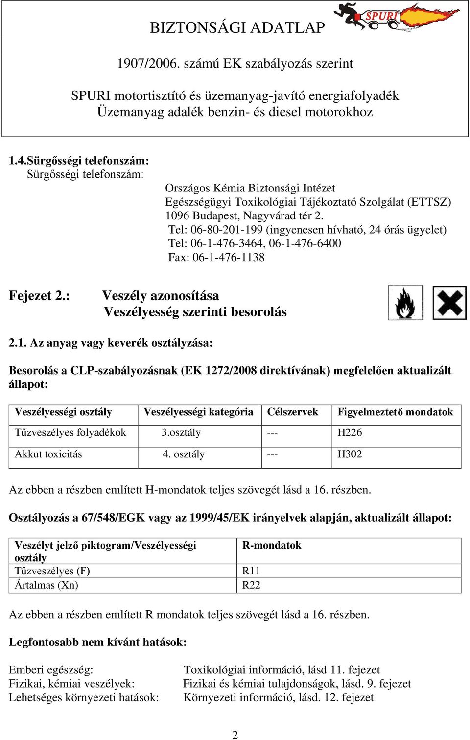 199 (ingyenesen hívható, 24 órás ügyelet) Tel: 06-1-476-3464, 06-1-476-6400 Fax: 06-1-476-1138 Fejezet 2.: Veszély azonosítása Veszélyesség szerinti besorolás 2.1. Az anyag vagy keverék osztályzása: