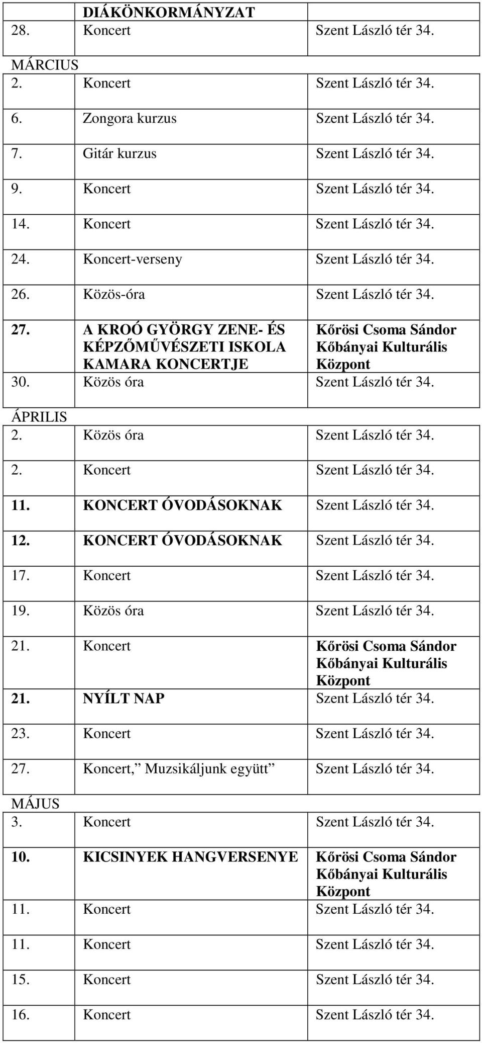 A KROÓ GYÖRGY ZENE- ÉS KÉPZŐMŰVÉSZETI ISKOLA KAMARA KONCERTJE Kőrösi Csoma Sándor Kőbányai Kulturális 30. Közös óra Szent László tér 34. ÁPRILIS 2. Közös óra Szent László tér 34. 2. Koncert Szent László tér 34.