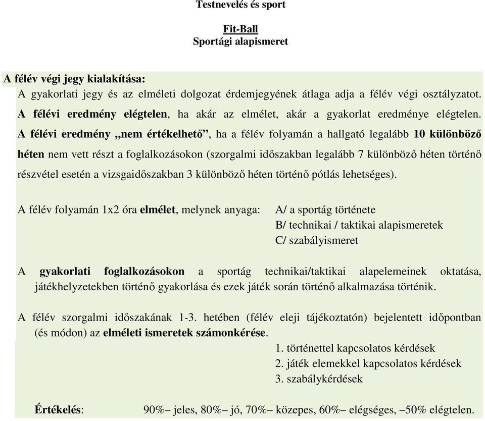 A félévi eredmény nem értékelhető, ha a félév folyamán a hallgató legalább 10 különböző héten nem vett részt a foglalkozásokon (szorgalmi időszakban legalább 7 különböző héten történő részvétel