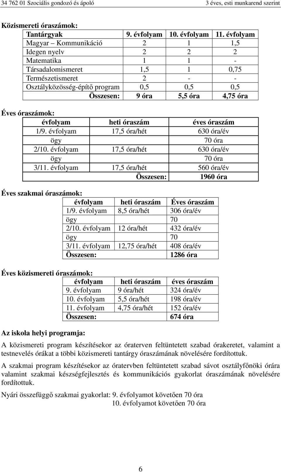 évfolyam hti évs 1/9. évfolyam 17,5 óra/hét 630 óra/év ö 70 óra 2/10. évfolyam 17,5 óra/hét 630 óra/év ö 70 óra 3/11.