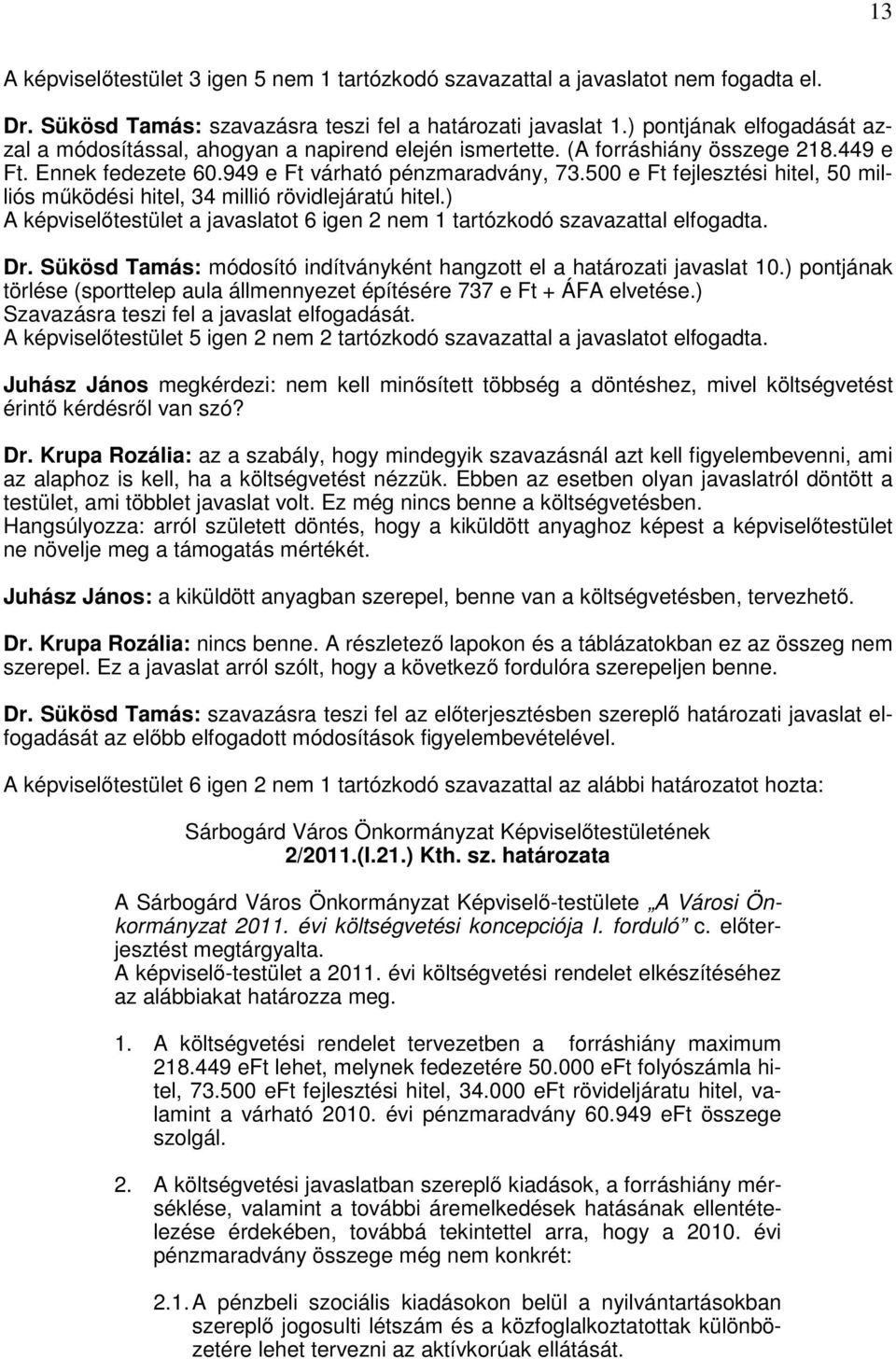 500 e Ft fejlesztési hitel, 50 milliós működési hitel, 34 millió rövidlejáratú hitel.) A képviselőtestület a javaslatot 6 igen 2 nem 1 tartózkodó szavazattal elfogadta. Dr.