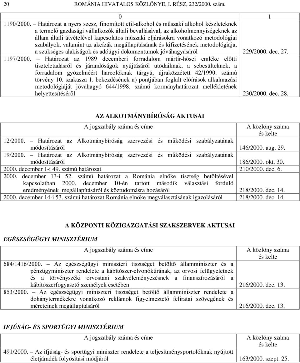 YRQDWNR]y PHWRGROyJLDL szabályok, valamint az akcízák megállapításának és kifizetésének metodológiája, a szükséges alakiságok és adóügyi dokumentumok jóváhagyásáról 229/2000. dec. 27.