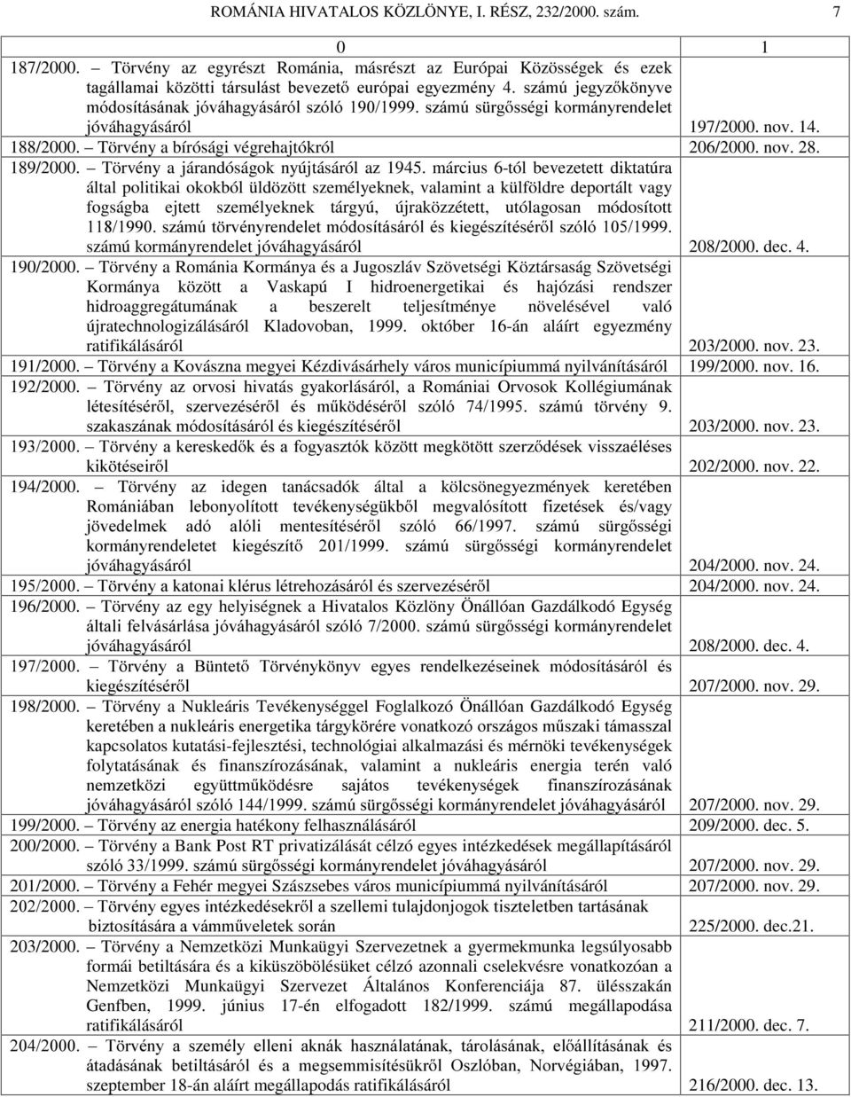 VVpJLNRUPiQ\UHQGHOHW jóváhagyásáról 197/2000. nov. 14. 188/2000. Törvény a bírósági végrehajtókról 206/2000. nov. 28. 189/2000. Törvény a járandóságok nyújtásáról az 1945.