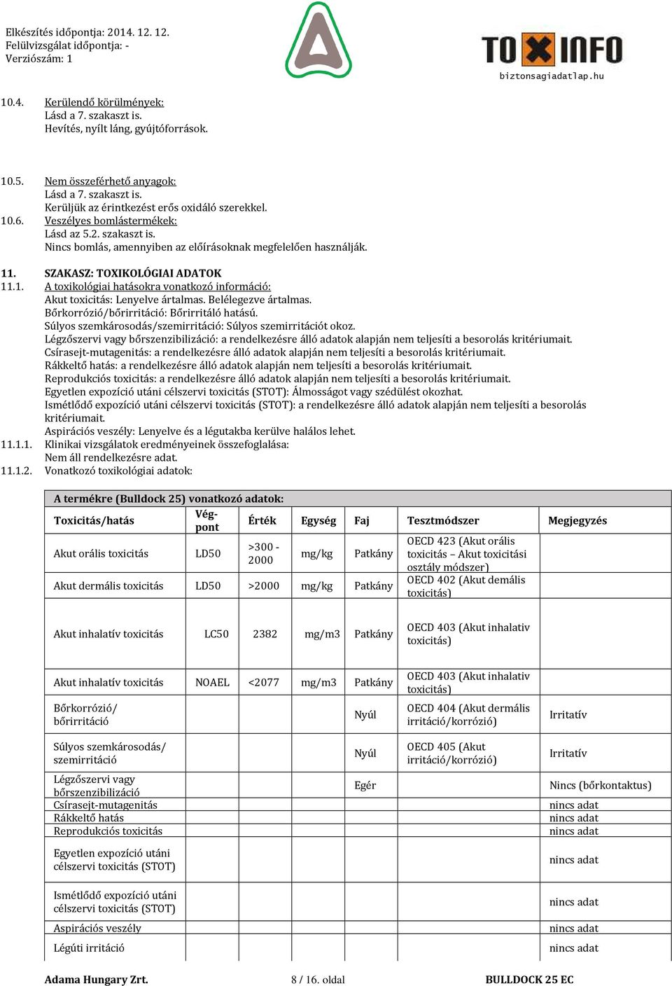 . SZAKASZ: TOXIKOLÓGIAI ADATOK 11.1. A toxikológiai hatásokra vonatkozó információ: Akut toxicitás: Lenyelve ártalmas. Belélegezve ártalmas. Bőrkorrózió/bőrirritáció: Bőrirritáló hatású.