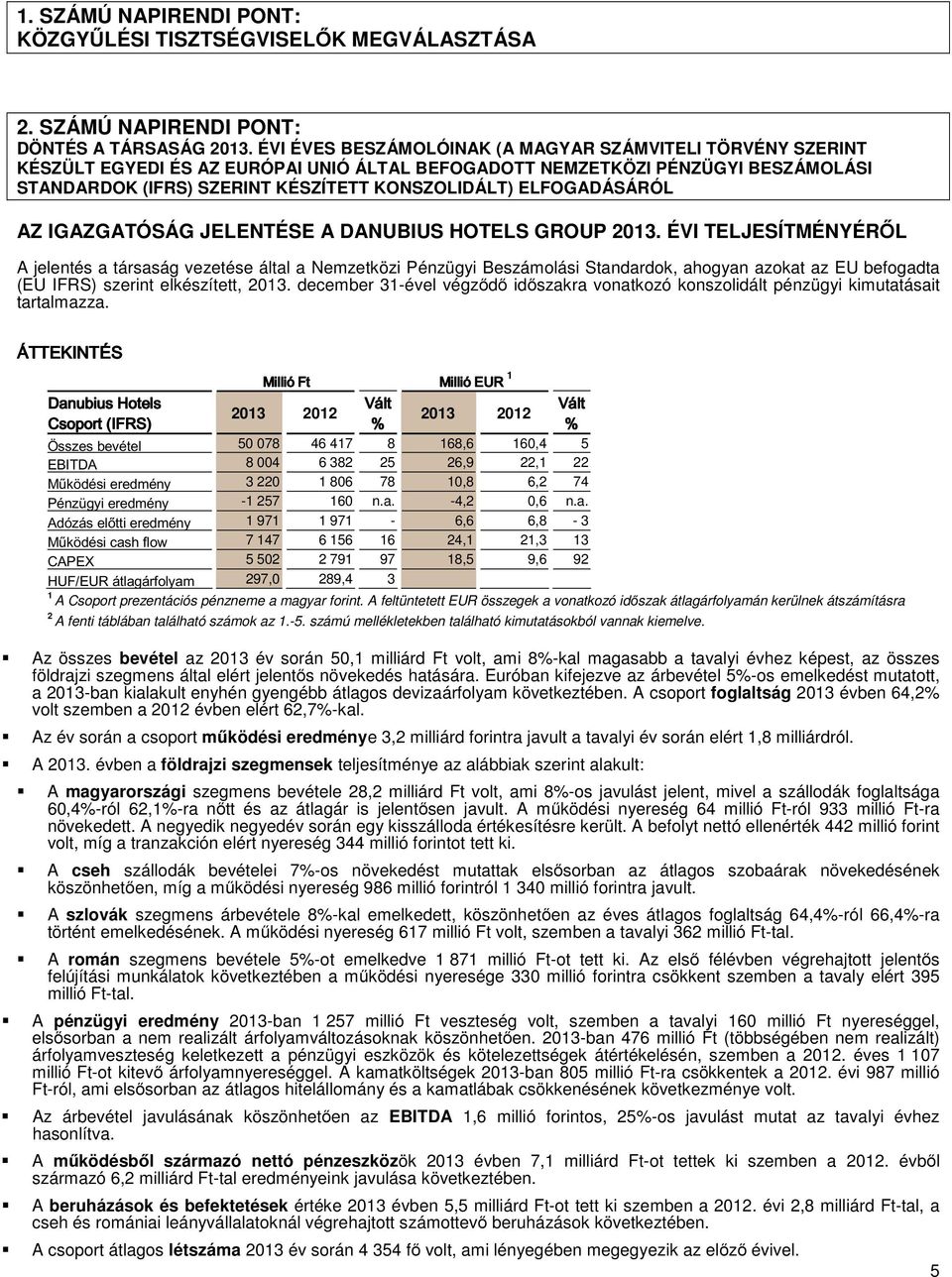 ELFOGADÁSÁRÓL AZ IGAZGATÓSÁG JELENTÉSE A DANUBIUS HOTELS GROUP 2013.