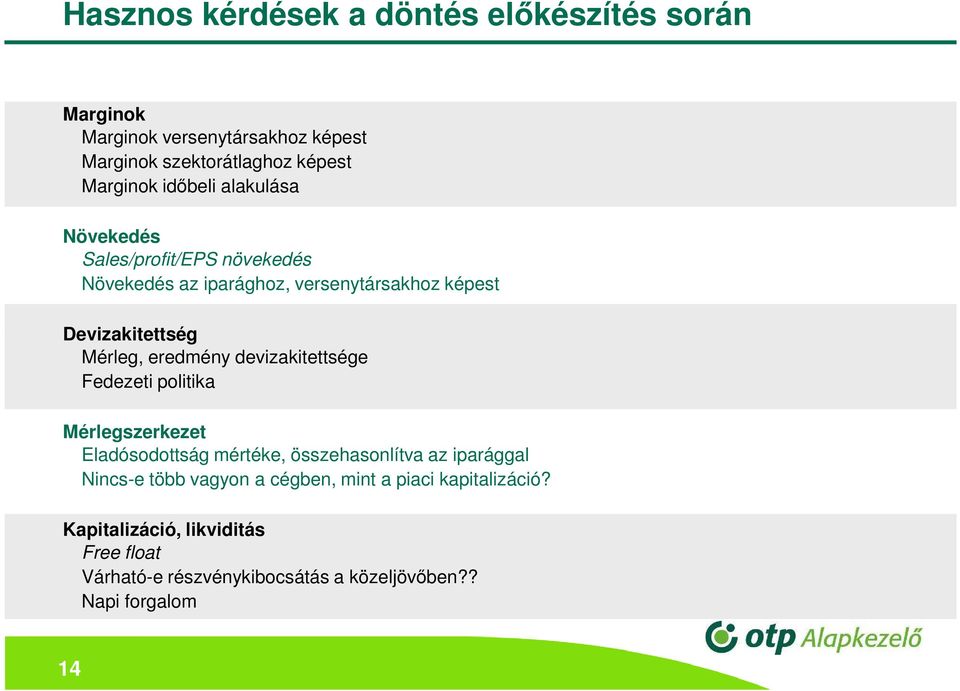 eredmény devizakitettsége Fedezeti politika Mérlegszerkezet Eladósodottság mértéke, összehasonlítva az iparággal Nincs-e több