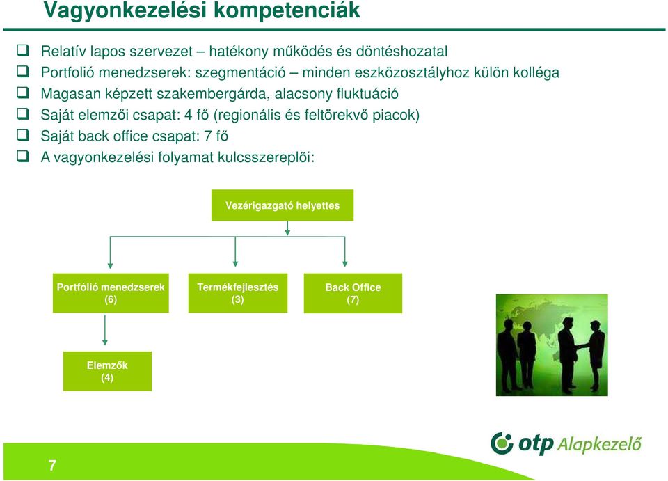 elemzői csapat: 4 fő (regionális és feltörekvő piacok) Saját back office csapat: 7 fő A vagyonkezelési folyamat