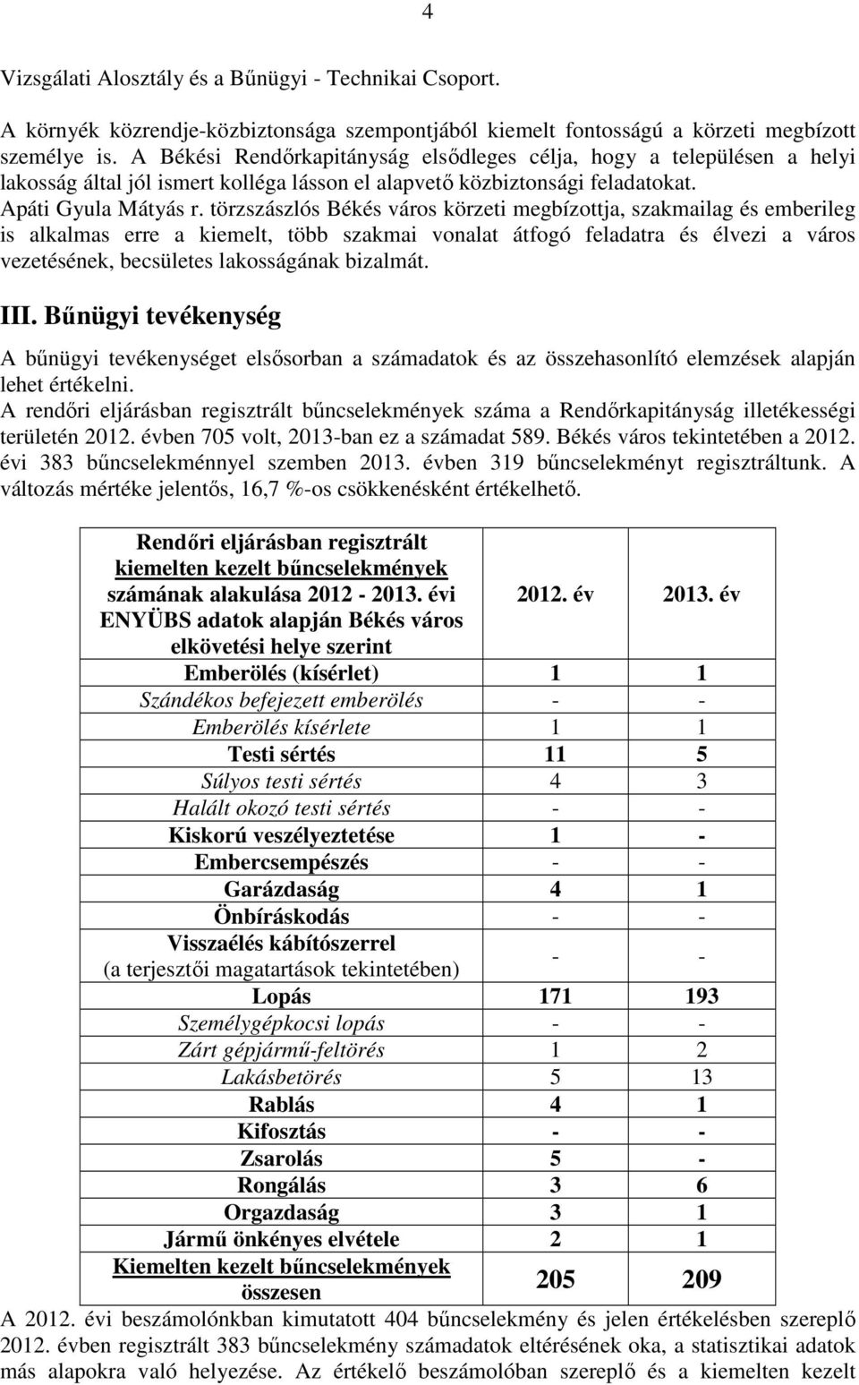 törzszászlós Békés város körzeti megbízottja, szakmailag és emberileg is alkalmas erre a kiemelt, több szakmai vonalat átfogó feladatra és élvezi a város vezetésének, becsületes lakosságának bizalmát.