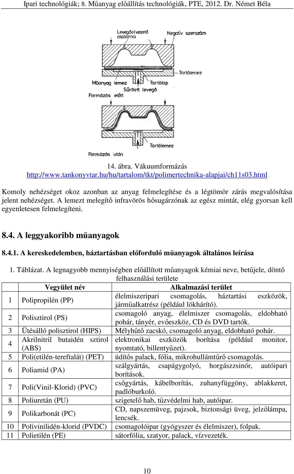 A lemezt melegítő infravörös hősugárzónak az egész mintát, elég gyorsan kell egyenletesen felmelegíteni. 8.4. A leggyakoribb műanyagok 8.4.1.