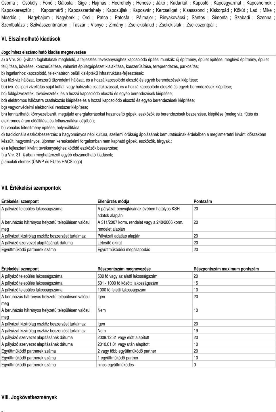 Szilvásszentmárton ; Taszár ; Visnye ; Zimány ; Zselickisfalud ; Zselickislak ; Zselicszentpál ; VI. Elszámolható kiadások Jogcímhez elszámolható kiadás nevezése a) a Vhr. 30.