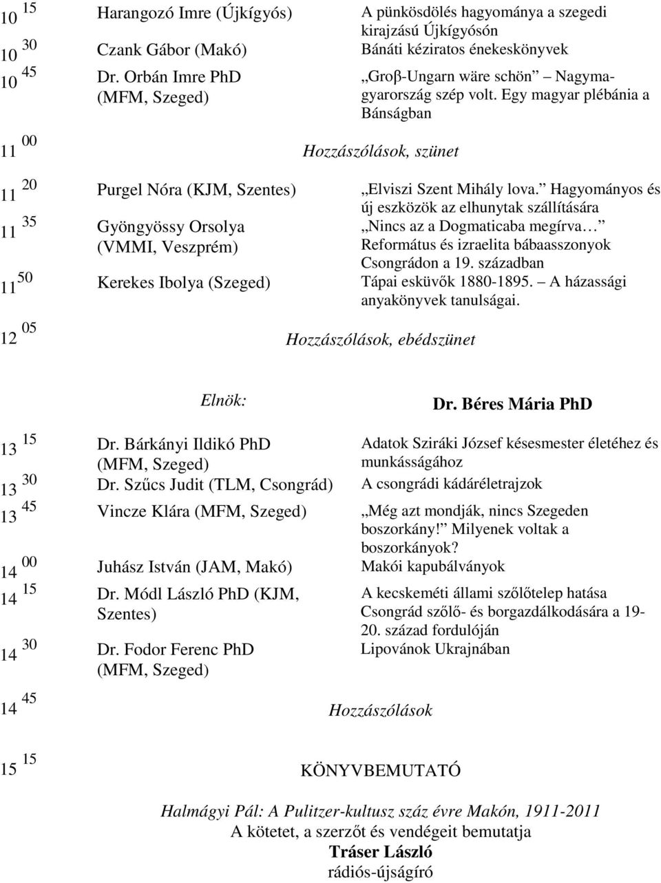 Hagyományos és új eszközök az elhunytak szállítására 11 35 Gyöngyössy Orsolya (VMMI, Veszprém) Nincs az a Dogmaticaba megírva Református és izraelita bábaasszonyok Csongrádon a 19.