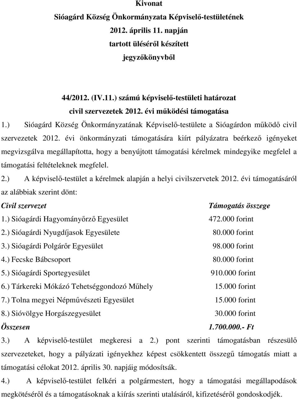 évi önkormányzati támogatására kiírt pályázatra beérkező igényeket megvizsgálva megállapította, hogy a benyújtott támogatási kérelmek mindegyike megfelel a támogatási feltételeknek megfelel. 2.