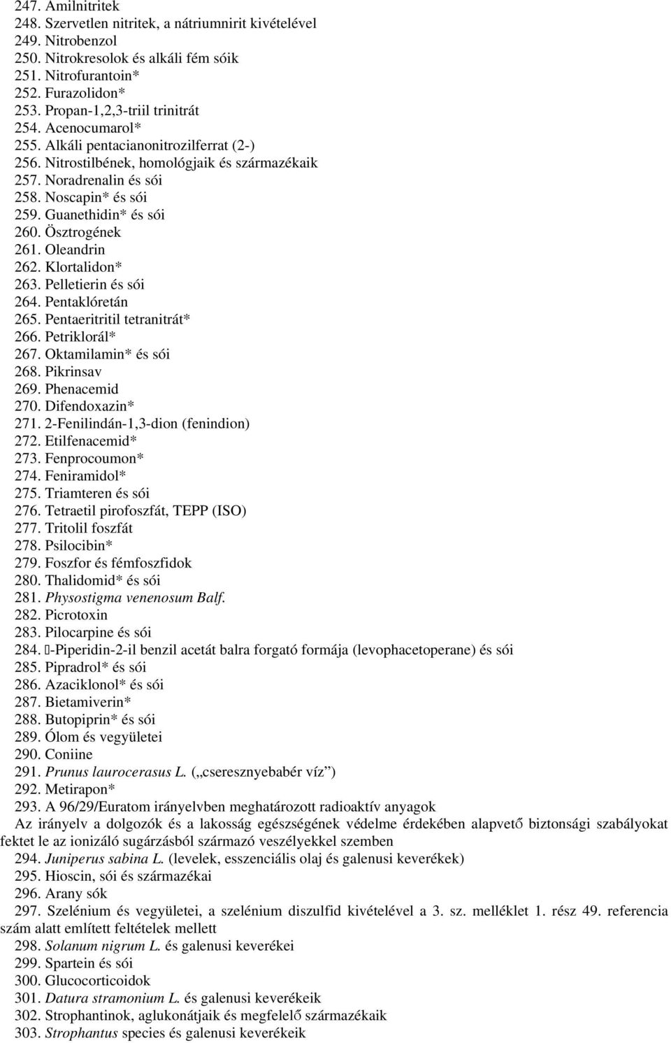 Guanethidin* és sói 260. Ösztrogének 261. Oleandrin 262. Klortalidon* 263. Pelletierin és sói 264. Pentaklóretán 265. Pentaeritritil tetranitrát* 266. Petriklorál* 267. Oktamilamin* és sói 268.