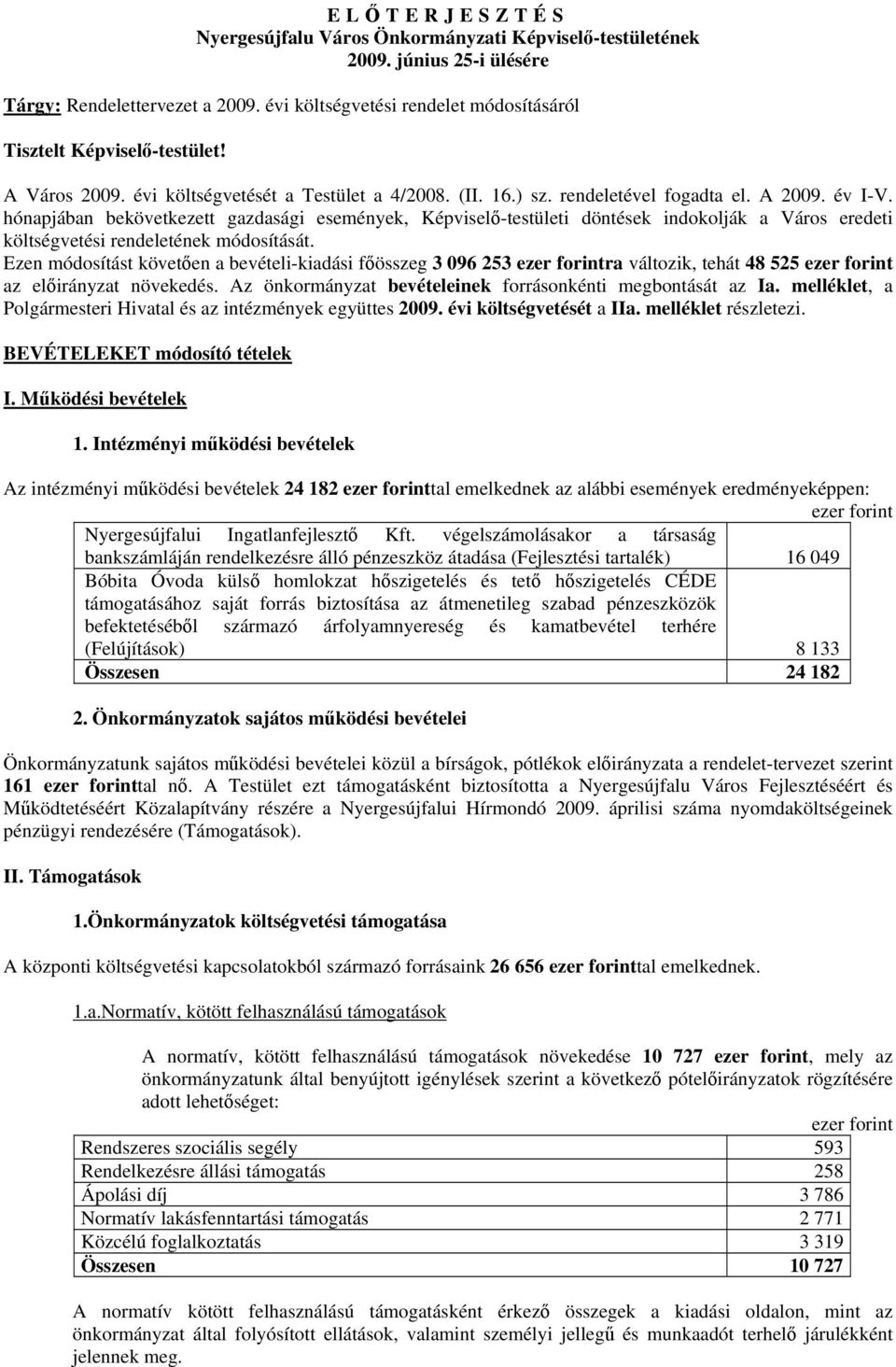 hónapjában bekövetkezett gazdasági események, Képviselő-testületi döntések indokolják a Város eredeti költségvetési rendeletének módosítását.