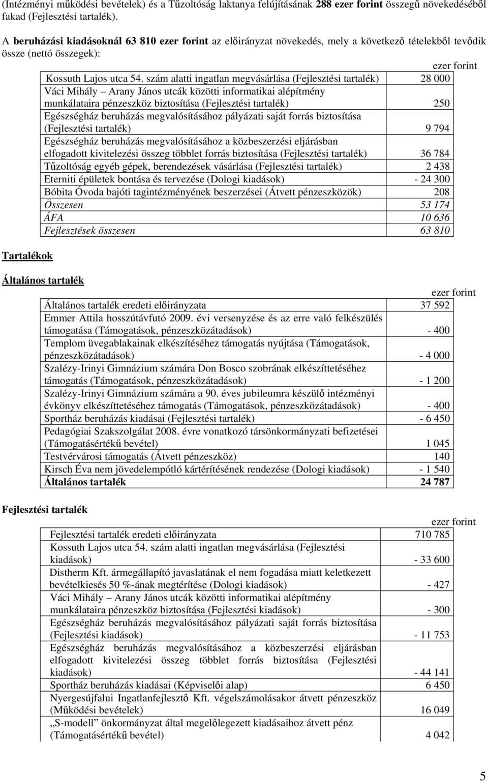 szám alatti ingatlan megvásárlása (Fejlesztési tartalék) 28 000 Váci Mihály Arany János utcák közötti informatikai alépítmény munkálataira pénzeszköz biztosítása (Fejlesztési tartalék) 250