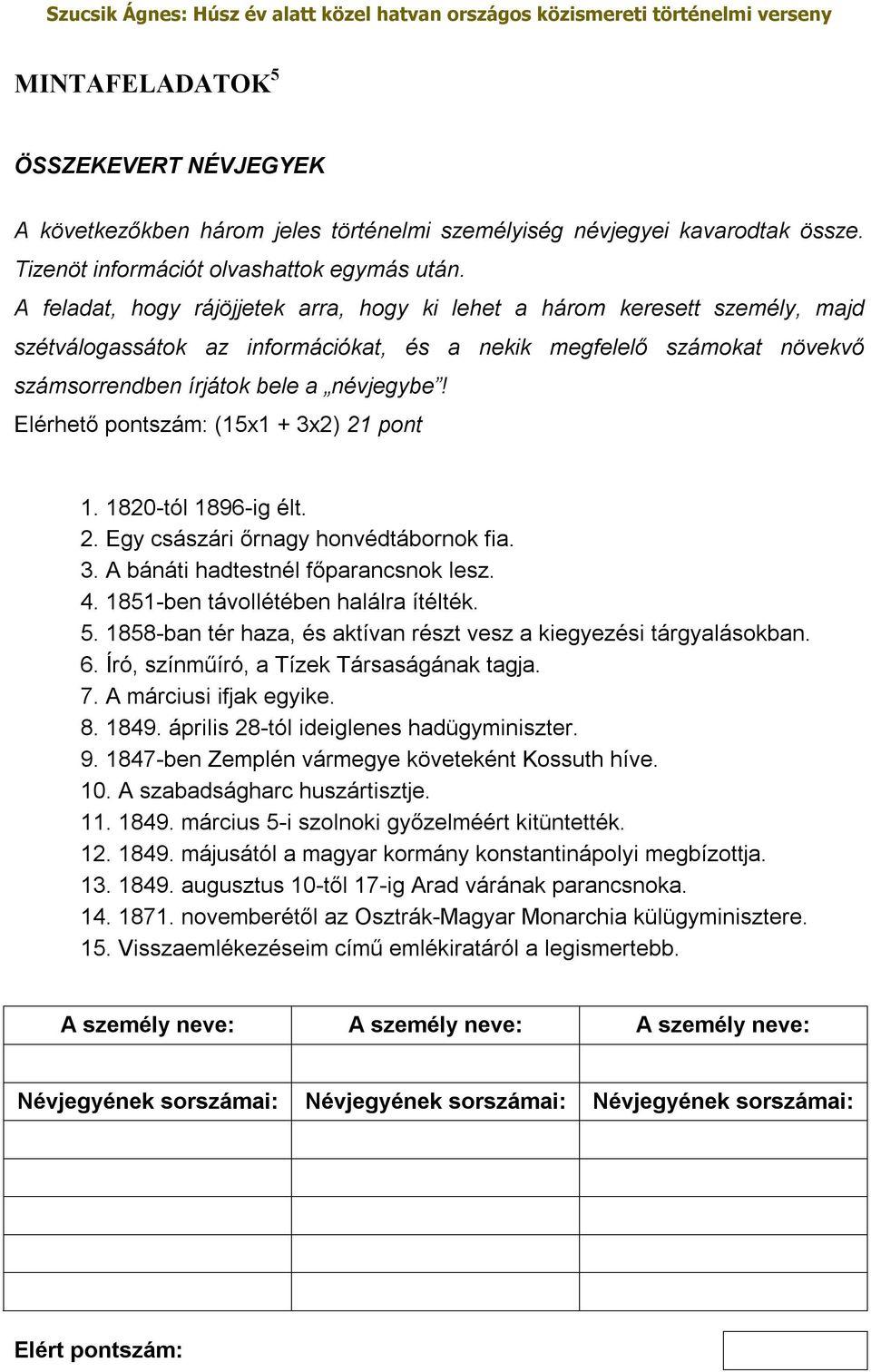 Elérhető pontszám: (15x1 + 3x2) 21 pont 1. 1820-tól 1896-ig élt. 2. Egy császári őrnagy honvédtábornok fia. 3. A bánáti hadtestnél főparancsnok lesz. 4. 1851-ben távollétében halálra ítélték. 5.