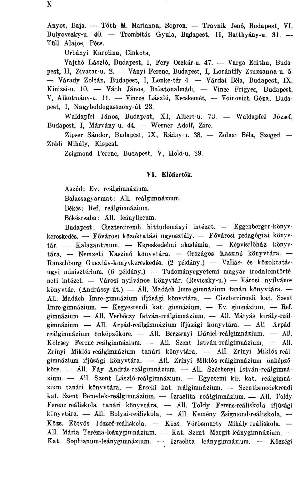 Várdai Béla, Budapest, IX, Kinizsi-u. 10. Váth János, Balatonalmádi. Vince Frigyes, Budapest, V, Alkotmány-u. 11. - Vincze László, Kecskemét. Voinovich Géza, Budapest, I, Nagyboldogasszony-út 23.